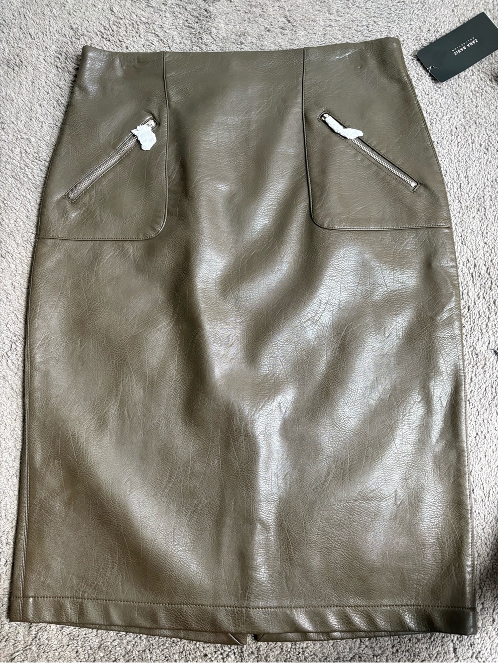Zara Olive Faux Leather Pencil Skirt with Zip Pockets